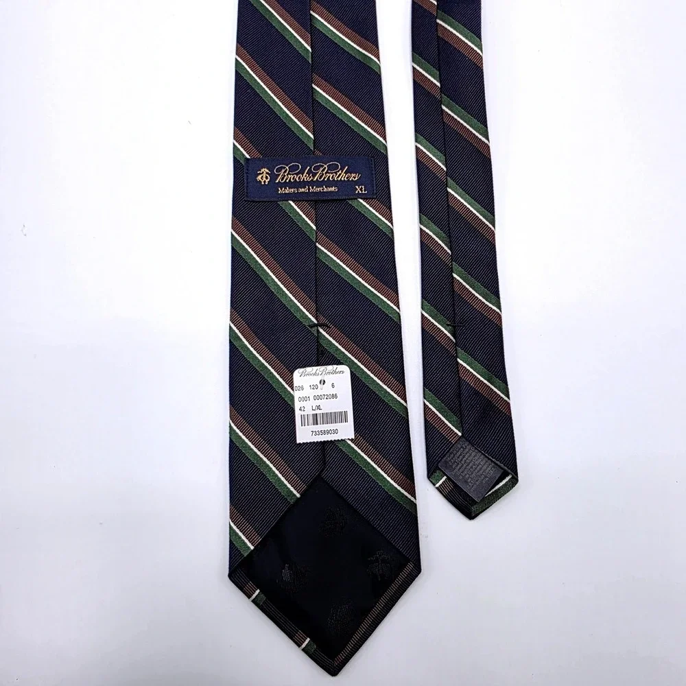 Brooks Brothers Mens XL Silk Repp Stripe Tie Navy Blue Green Brown Made in USA